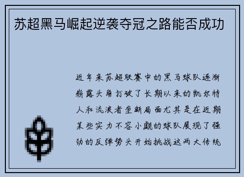 苏超黑马崛起逆袭夺冠之路能否成功